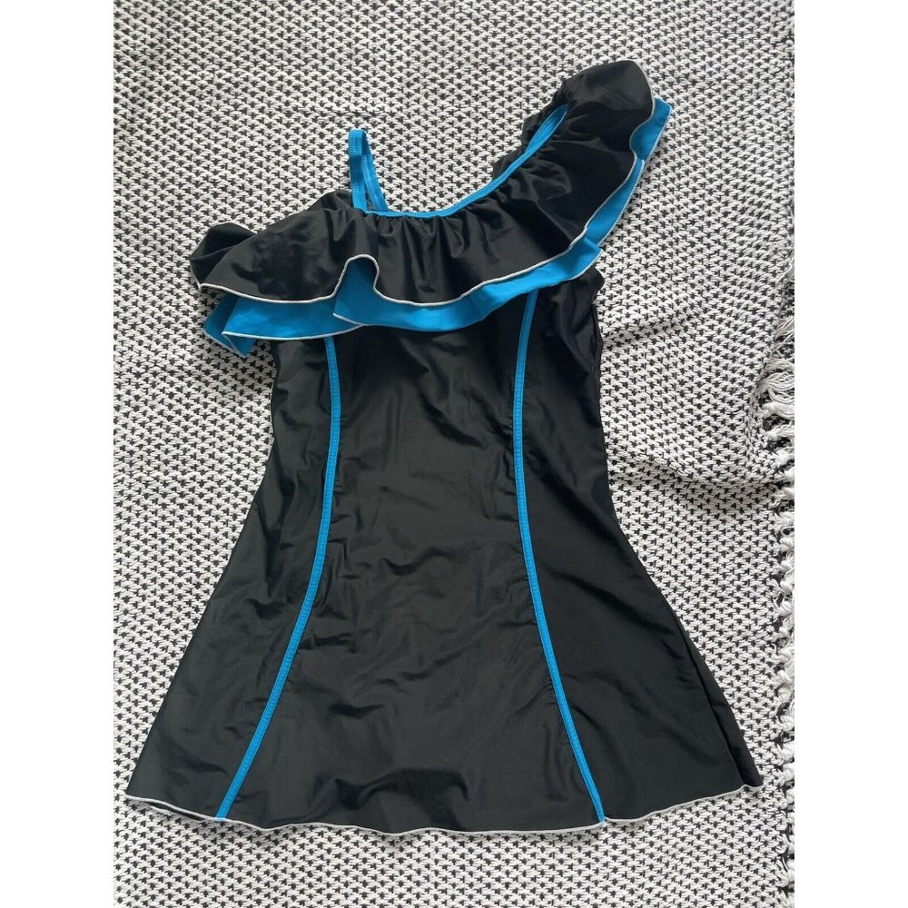 Vintange Blue/Black Contrast Trim Ruffle Top Asymmetrical Swim dress Women’s M